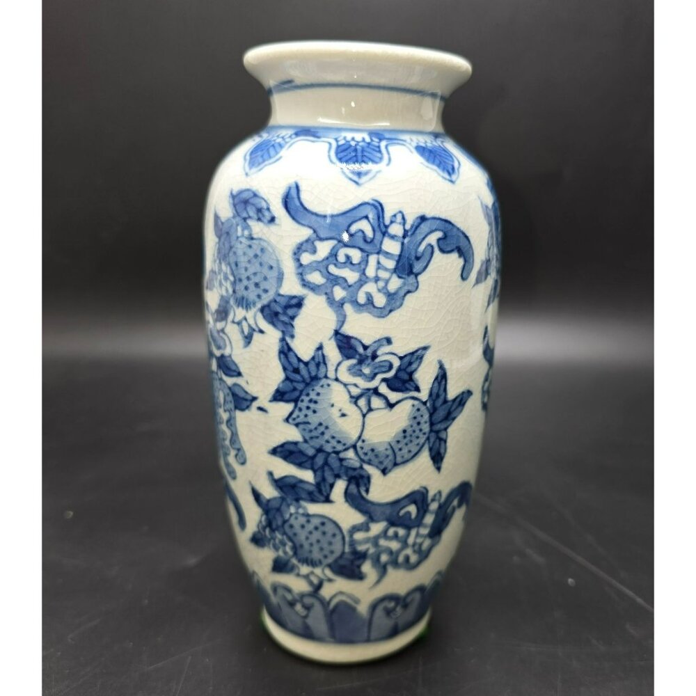 Blue White Porcelain Asian Vase With Floral Fruit Pattern Crackle Finish DH1315